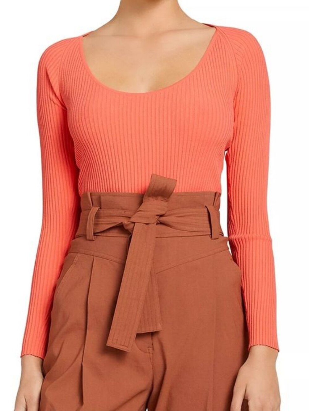 ALC Brendan Ribbed Knit Scoop Neck Fitted Top Persimmon Orange Coral Size M